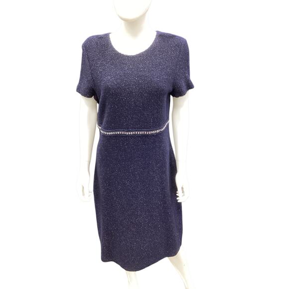 St. John Women’s Knit Dress SZ 16 Decorative Waist Chain Silver Links Navy Blue - Picture 1 of 5